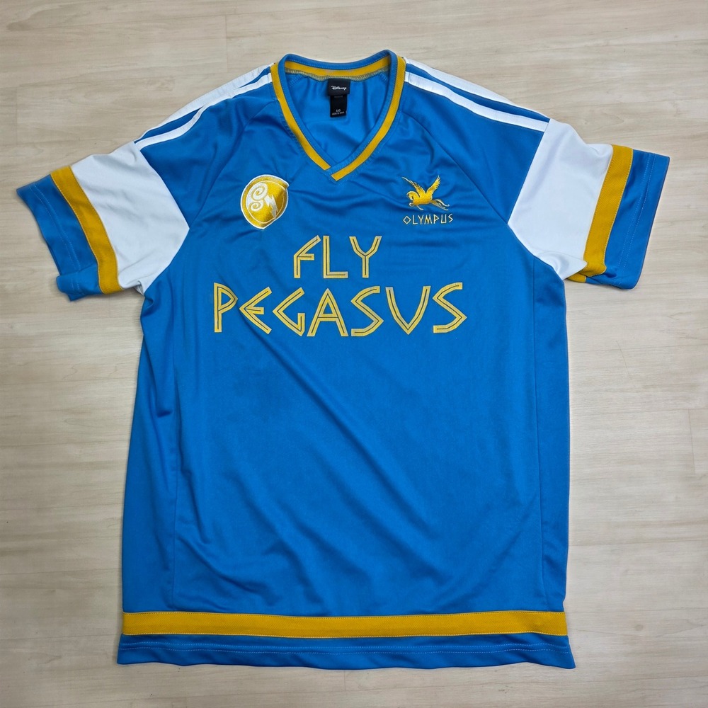 Disney Hercules Fly Pegasus Soccer Jersey Mens Large Blue Yellow V-Neck Shirt